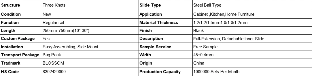13045 R 45mm full extension side mount drawer slides full technical parameter chart, BLOSSOM cold rolled steel cabinet ball bearing slide spec table